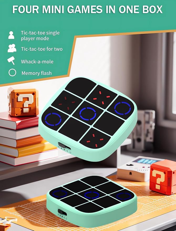 Tendry Tic Tac Toe Electronic Game - 3-in-1 Portable Travel Board Game for Kids & Adults, Handheld LED Puzzle Games for Family Fun, Educational Christmas Birthday Gifts for Ages 3+(Green)