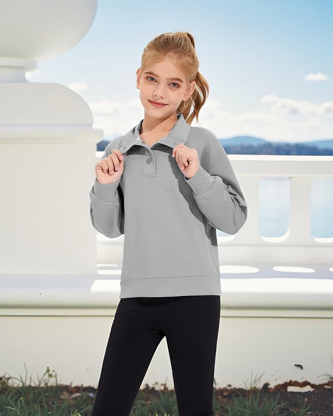 Girls Long Sleeve Collared Shirt Button Down Mock Neck Sweatshirt Athletic Cycling Clothing for Kids 5-14Years