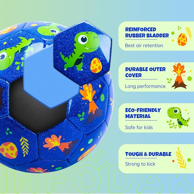INPODAK Soccer Ball Size 2 for Toddler, Cartoon Dinosaur Blue Soccer Ball for Kids 2 3 4 5 with Pump, Mesh Bag and Gift Box for Birthdays, Parties and Operation Christmas Child Shoebox