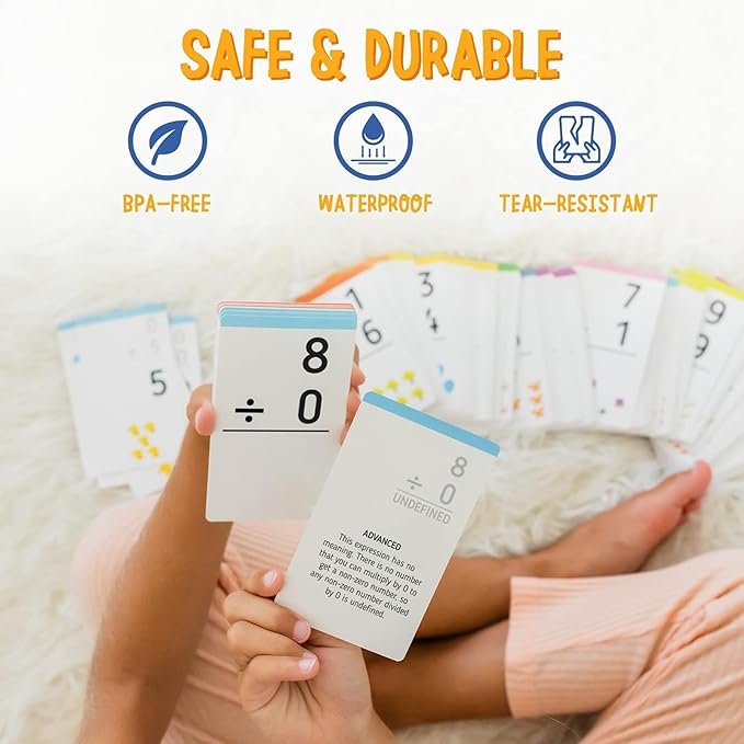 merka Third Grade Division Flash Cards - 169-Card Set, Multicolor Cardstock - 0-12 Division Facts Flashcards with Ring & Answers on Back - Classroom & Homeschool Math Manipulatives
