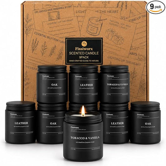 FISSIWORX 9 Pack Scented Candles Set Gifts for Men, Aromatherapy Candle Set with Scents (Leather/Vanilla/Oak) - Gift for Dad, Boyfriend, Birthday, Father’s Day, Anniversary