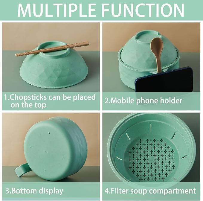 1 Set Microwave Ramen Cooker 40oz Wheat Straw Microwave Noodle Bowl Set with Chopsticks, Spoon, Fork, College Dorm Office Apartment Essentials (Light Green)