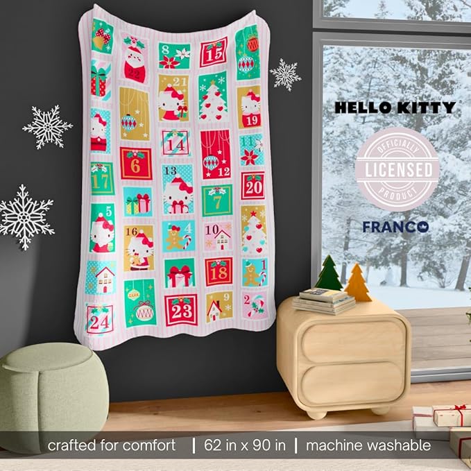 Franco Collectibles Sanrio Hello Kitty Holiday Christmas Advent Calendar Blanket, Super Soft Cozy Plush, 62 in x 90 in, (Officially Licensed Product)