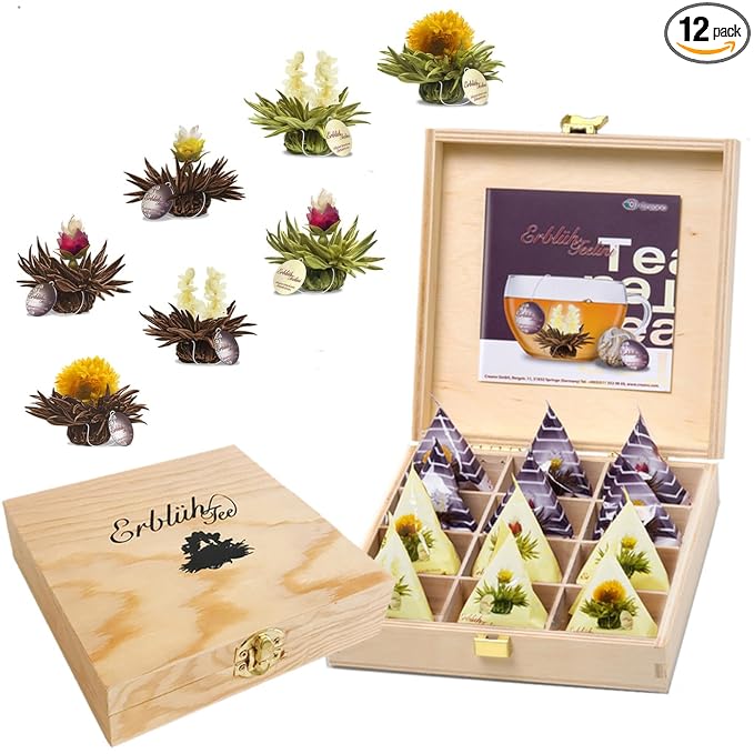 Creano Blooming Tea Tealini - Tea Flowers in Cup Size - Gift Set in Wooden Tea Box - 12 pcs in 8 Varieties - White Tea & Black Tea