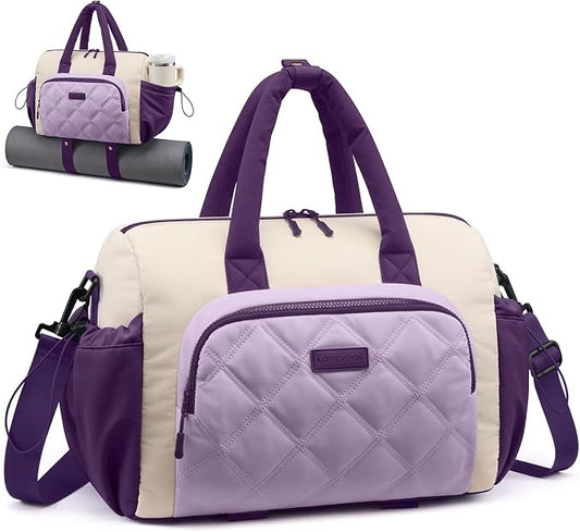 LOVEVOOK Small Gym Bag for Women with Yoga Mat Holder, Workout Bag with Large Tumbler Holder Pocket,Carry on Bag for Workout Dance Pilates Ballet Swimming Travel，White and Purple