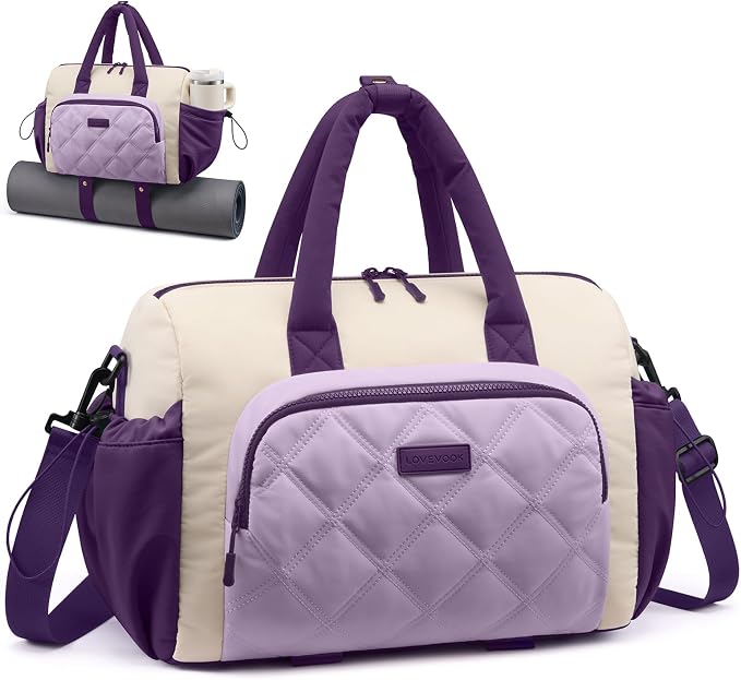 LOVEVOOK Small Gym Bag for Women with Yoga Mat Holder, Workout Bag with Large Tumbler Holder Pocket,Carry on Bag for Workout Dance Pilates Ballet Swimming Travel，White and Purple