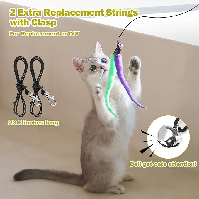 Cat Feather Toy, Retractable Cat Toys Wand 2 Wands & 9 Assorted Teaser Refills, Interactive Feather Teaser Wand Toy Bell Kitten Cat Having Fun Exerciser Playing