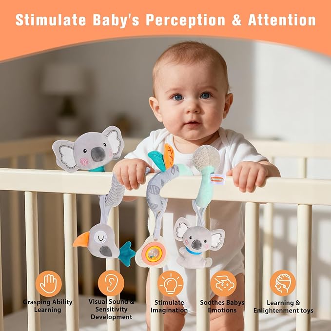 Car Seat Toys Baby Toys 0-3 Month Developmental, Stroller Toy Infant Toys 0-6 Months Newborn Toys, Carseat Toy for Infants 0-12 Months with Little Bird, Koala, Teether
