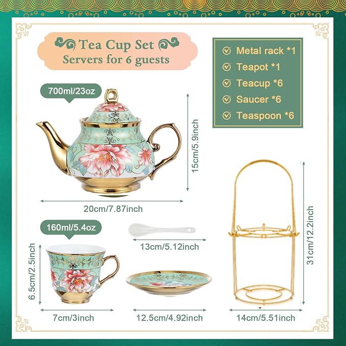 20 Pcs Porcelain Tea Set with Metal Holder, Adult Tea Set Gift, European Ceramic Tea Set for Adults, Enamel Flower Tea Cup Saucer Set for Party With Gold Flower Painting (Fresh Green)
