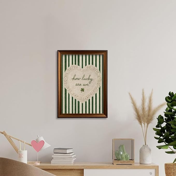Framed How Lucky Are We Wall Art Vintage Inspirational Quotes Decor Print | Green Striped Lace Heart Aesthetic Painting Poster Trendy Preppy Canvas Picture for Bedroom Collage Ready to Hang 8x10in