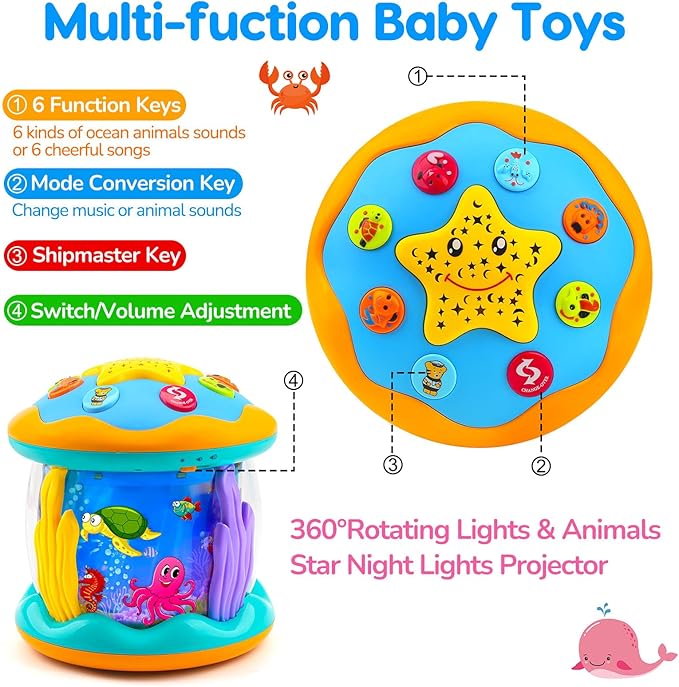Baby Toys 6 to 12 Months Ocean Projector Rotating Musical Light Up Tummy Time Toys for Infant 0-6 3-6 Months Baby Aquarium Crawling Toys 4 5 6 7 8 9 12-18 Months Birthday Gifts for 1 Year Old Boy Girl