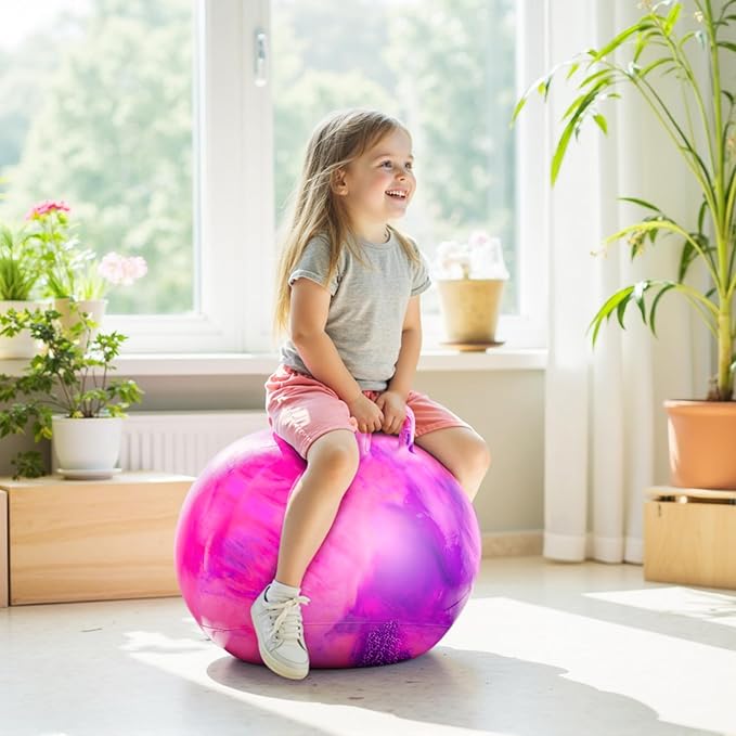 EVERICH TOY Hopper Ball for Kids, 18In Hoppity Hop Ball, Purple Pink Clouds Ride On Bouncy Balls with Handle for Kids, Indoor Outdoor Jumping Hopping Toys for Boys & Girls Gifts with Pump