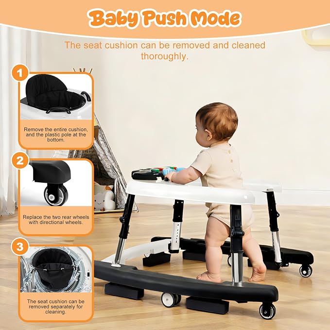 5-in-1 Baby Walker for Boys and Girls Music and Lights 6-18 Month, Foldable Baby Walkers with 5 Adjustable Heights, Infant Toddler Walker with Wheels and Combo Portable(Black)