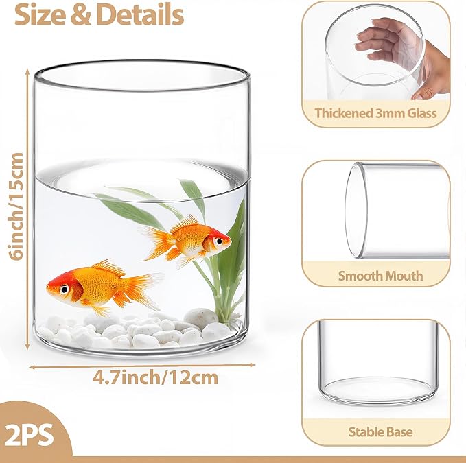 2pcs 6" x 4.7" Clear Glass Cylinder Vases for Centerpieces | Wide Mouth Flower Vases for Wedding & Home Decor, Hurricane Floating Candle Holders for Table, Includes 2 Floral Tapes