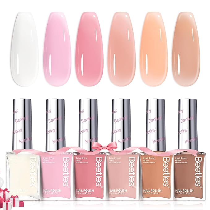 Beetles Jelly Nail Polish Set,6 Colors Pink Nude Jelly Quick Dry Nail Polish Fingernail Fast Drying & Long Lasting Nail Strengthener Polish Gifts for Women