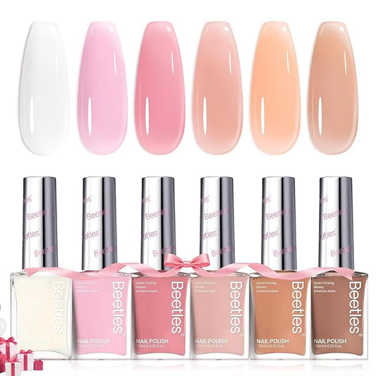 Beetles Jelly Nail Polish Set,6 Colors Pink Nude Jelly Quick Dry Nail Polish Fingernail Fast Drying & Long Lasting Nail Strengthener Polish Gifts for Women