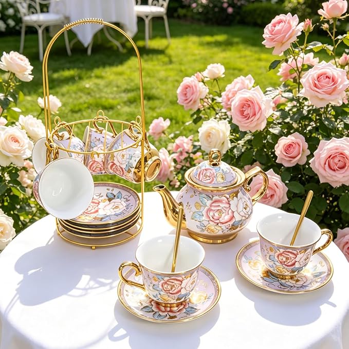 CHANJOON Gold Plated Red Rose Ceramic Tea Set, Vintage Tea Sets with Teapot, Beautiful Tea Set Coffee Serving 6 People (Purple, X Large)