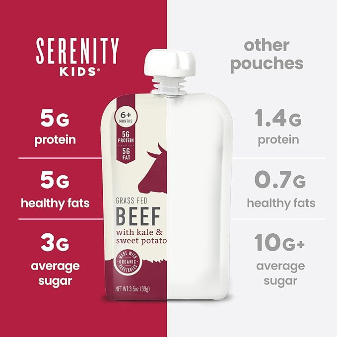 Serenity Kids 6+ Months Baby Food Pouches - 5g Protein Boost with Grass Fed Beef - No Added Sugar Organic Veggie Puree Pouches - On-the-Go Toddler Food Pack - 3.5 Oz, Pack of 12