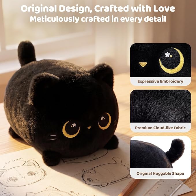 Mewaii Black Cat Plush, Cute Cat Plushies Toy, Soft Kitten Plushie Cuddle Pillow, Anime Plushie Doll, Cute Stuff Toys Gift for Girls, Boys and Males (8 Inch)