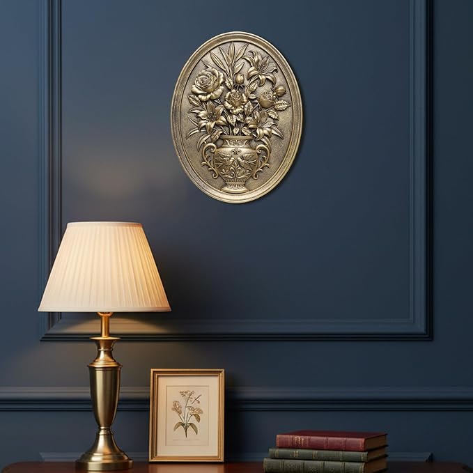 Newinhome Vintage Flower Wall Sculpture, Antique Wall Decor, Hand Painted Wall Decorations with Embossed Flower Design, Antique Pediment, Gold Decor for Living Room Bedroom Hallway, Unique Gifts