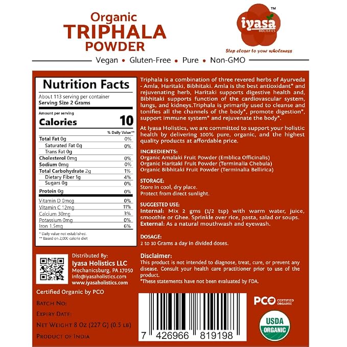 Iyasa Holistics Organic Triphala Powder,Ayurveda Superfood,Natural Body Detox,Bowel Cleanser,Herbal Laxative,8 Ounce 226 Gram