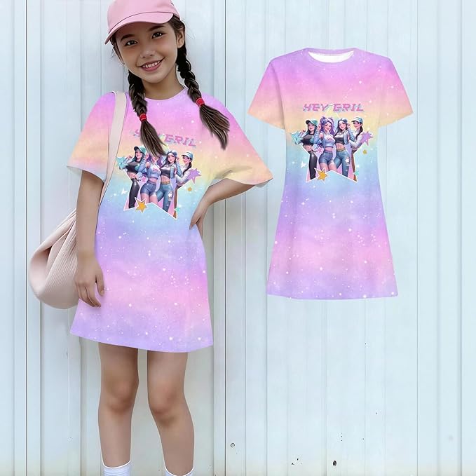 Girl's Anime K-POP Graphic Long Dress T-Shirt - Casual Loose Fit Short Sleeve Top