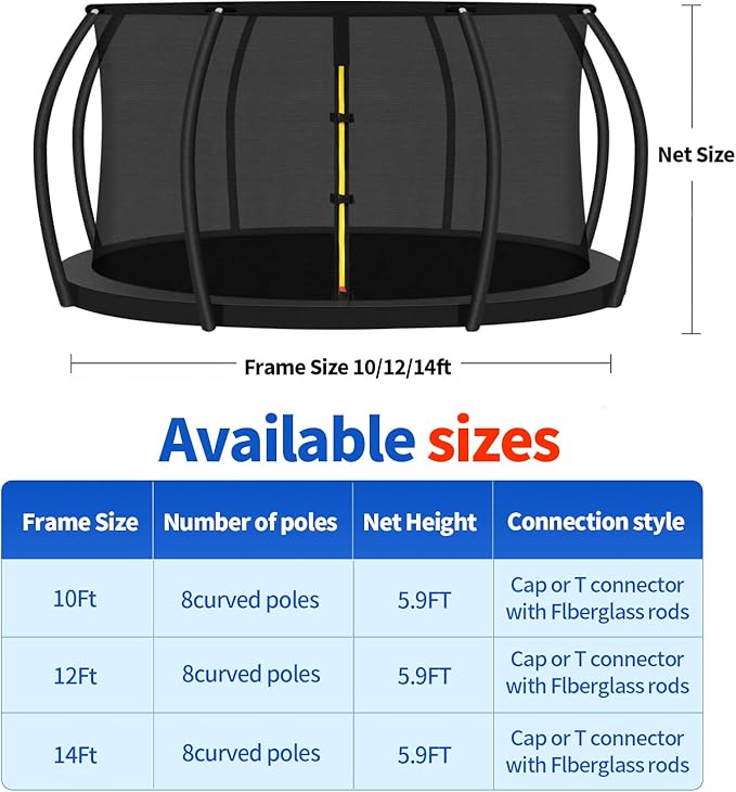 Top Ring Trampoline Enclosure Net Replacement-for 8 Curved Poles Top Ring System, Round Safety Net Only, Trampoline Accessories with Protection Buckles Adjustable Straps Zipper