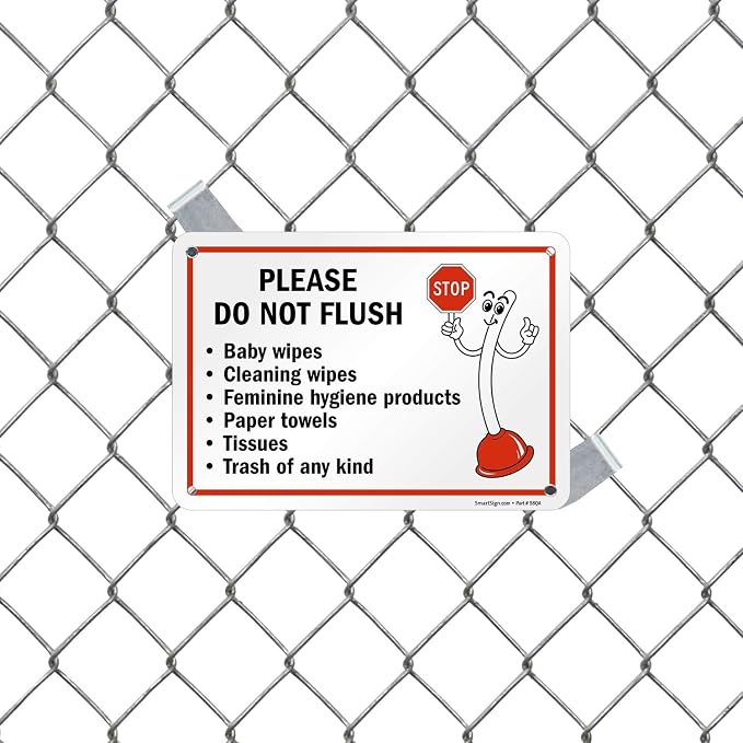 SmartSign 7" x 10" 'Please Do Not Flush Wipes/Feminine Hygiene Products/Paper Towels/Tissues/Trash' Bathroom Sign with Funny STOP Symbol, 55 mil HDPE Plastic, Red/Black/White, USA-Made