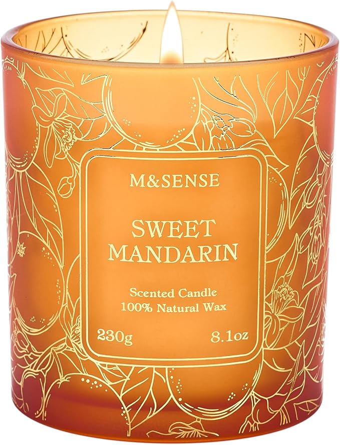 M&SENSE Sweet Mandarin Soy Candle, 8.1oz Gilded Glass, Summer Refresh | 42H Long Burn, Relax Calm Air Purifying, Non-Toxic, Warmer Lamp Compatible, Reusable Glass