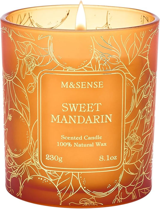 M&SENSE Sweet Mandarin Soy Candle, 8.1oz Gilded Glass, Summer Refresh | 42H Long Burn, Relax Calm Air Purifying, Non-Toxic, Warmer Lamp Compatible, Reusable Glass