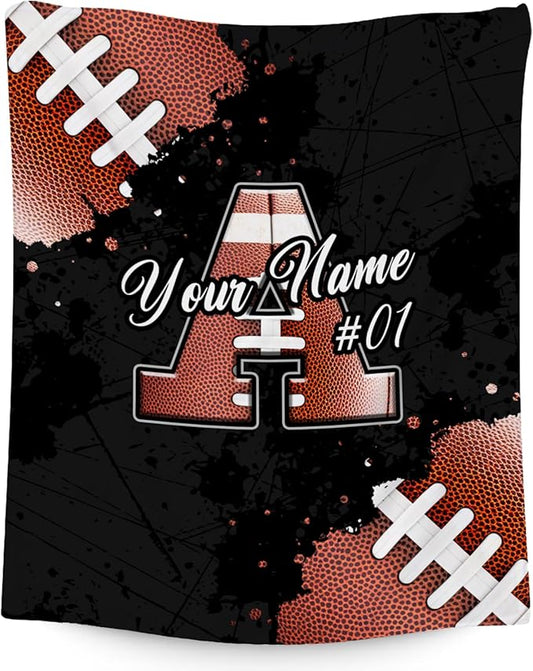 Custom Football Blanket Gifts for Boys - Personalized Initial Sports Blanket with Name - 30x40 Inches Cozy Fleece Throw for Kids - Cool Ideas Decor for Football Players
