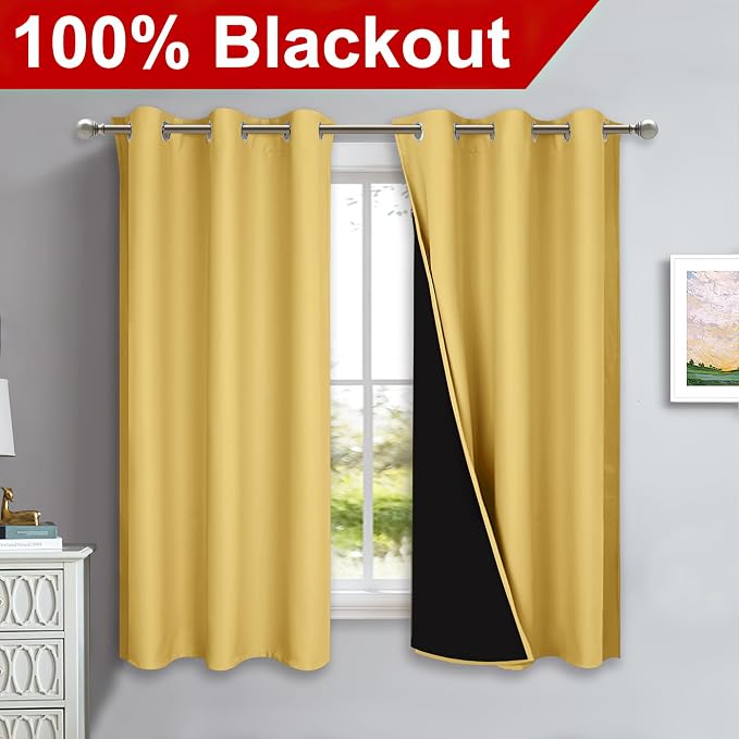NICETOWN 100% Blackout Curtains with Black Liners, Solid Thermal Insulated Full Blackout 2-Layer Lined Drapes, Energy Efficiency Window Draperies for Bedroom (2 Panels, 42" W by 63" L, Bright Yellow)