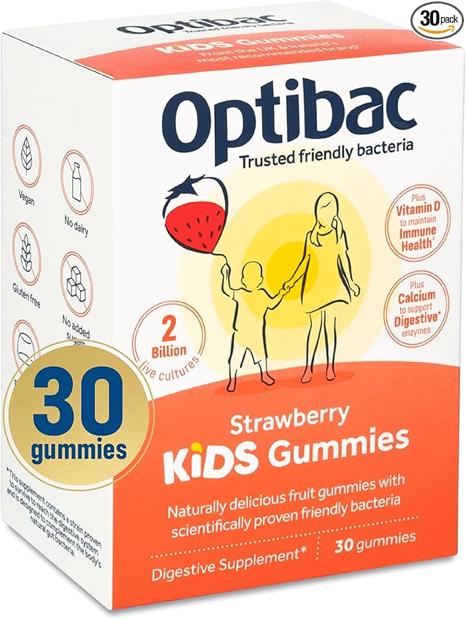 Optibac Kids Probiotics Gummies | 30 Strawberry-Flavored Probiotic Gummies for Kids with Vitamin D & Calcium | 2 Billion Live Cultures | Vegan Children’s Supplement for Digestive & Immune Health