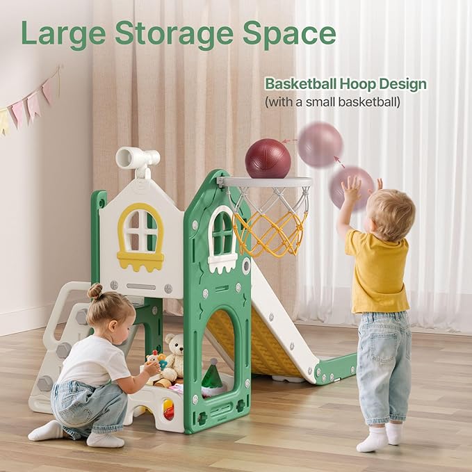 BIERUM 6 in 1 Toddler Slide - L-Shaped Baby Slide for Toddlers Aged 1-3 with Basketball Hoop, Telescope Toy and Anti-Slip Pads, Indoor Outdoor Toddler Playset, Green Yellow