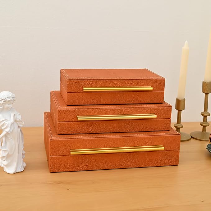 Faux Shagreen Stackable Decorative Velvet Lining Storage Boxes Set of 3 | Jewelry Organizers With Gold Metal Handles, Modern Burn Orange Box for Vanity, Entryway & Coffee Table Décor