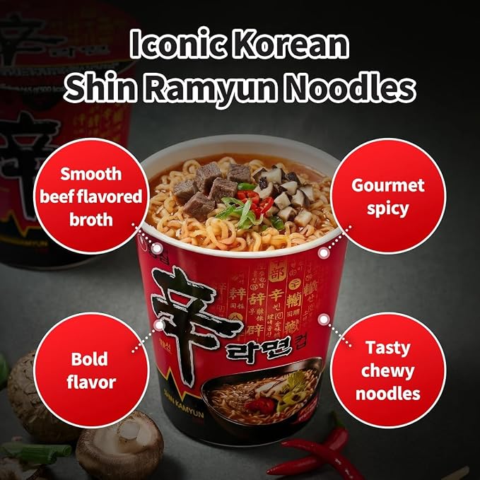 Nongshim Shin Ramyun Cup of Noodles, Spicy Signature Korean Instant Ramyun, Rich Beef Flavored Broth, Quick and Easy, Microwaveable Cup, 2.64 oz (Pack of 6)