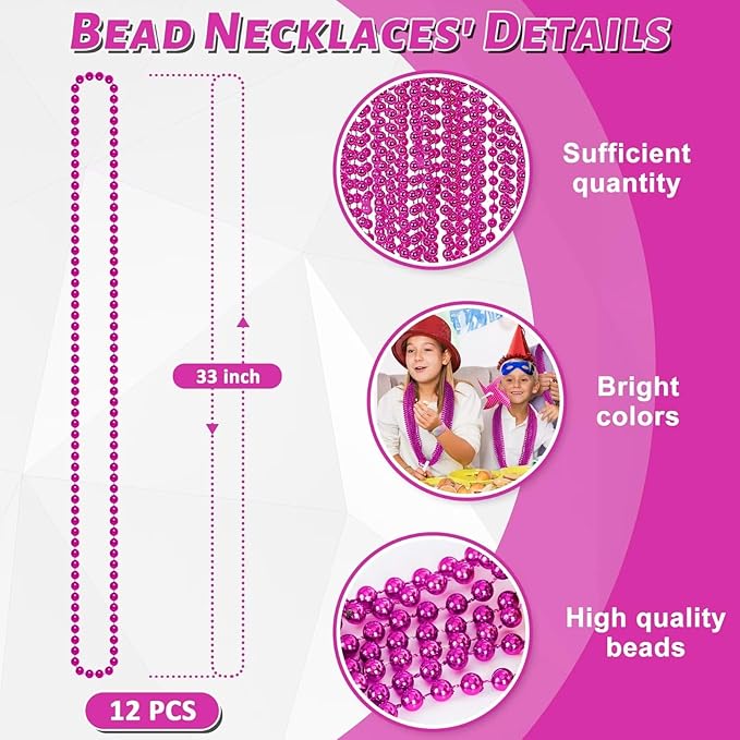 12PCS Mardi Gras Beads, Metallic Rose Red Christmas Bead Necklace Party Favors, 33" Accessory Sets Necklace Stuff, Festival Parade Throw Costumes Accessories for Celebrations Decorations