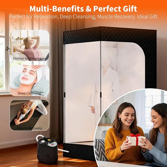 Sauna Box - Portable Sauna for Home with Upgraded 3L 1500W Steamer, Folding Chair and Non-Slip Mat for Relaxation Spa, 5-Layer Waterproof and Insulated Steam Tent, 3x3x6ft, Larger (Black)