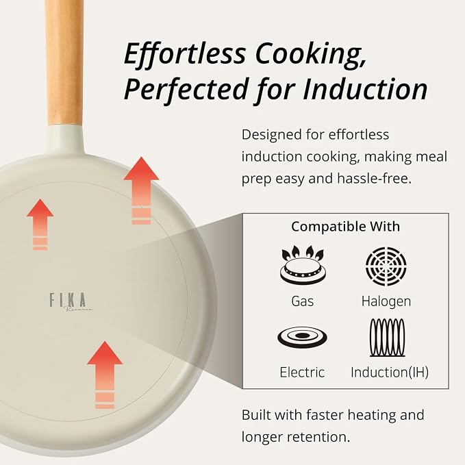 FIKA 9.5" Ceramic Coated Nonstick Frying Pan (24cm), Natural Wood Handle, Egg & Omelet Skillet for Sautéing and Everyday Cooking, All-Cooktop Compatible, Made in Korea