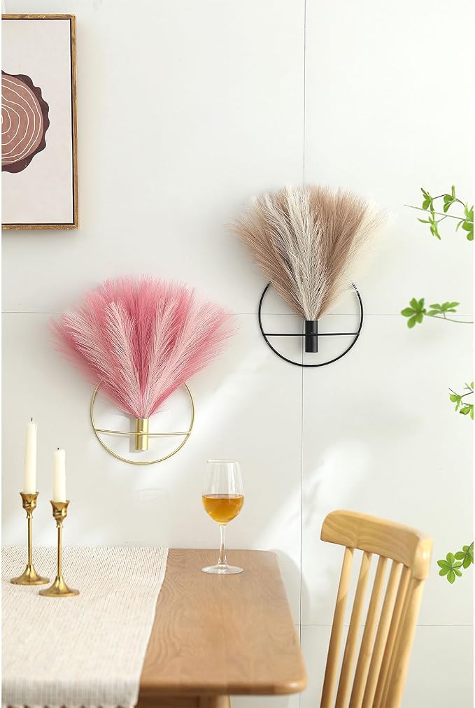 Pretty Jolly Boho Pampas Wall Decor Black Metal Wall-Mounted Art | Morden Artificial Greenery Display，2 Pack Hanging Planter For Living Room, Bedroom, Bathroom, Dining room