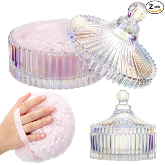 Tioncy 2 Pcs Extra Large Dusting Powder Puff and Container for Women-6'' Glass Crystal Dusting Powder Container Soft Washable Reusable Velour Face(Dazzling,Classic)