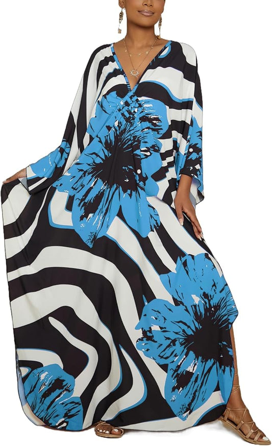 Bsubseach Kaftan Dresses for Women Floral Print Plus Size Beach Cover Up | Lightweight V Neck Loose Fit Boho Dress, Batwing Sleeve Side Slit, Moo Moos for Women Home Loungwear Cruise Resort Wear
