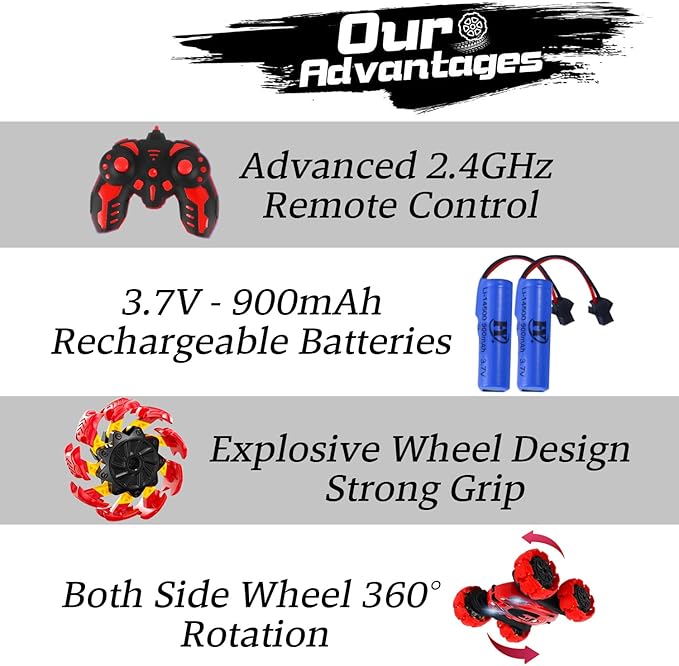 Remote Control Car, New Upgraded Double-Sided 360° Rotating RC Toy Cars with LED Headlights, 2.4GHz Rechargeable Electric Race Stunt Car with 4WD, Best Gift for 6-12 Year Old Boys and Girls (Red)