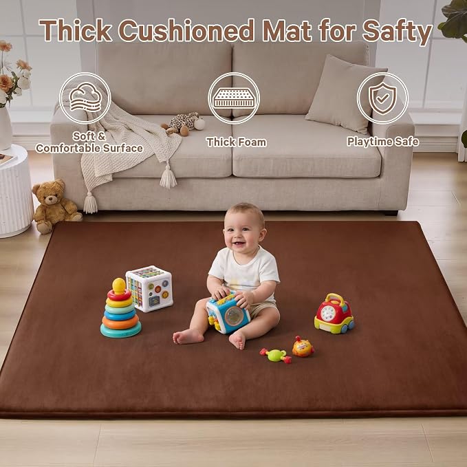 Baby Play Mat for Floor,Ultra Thick Elastic Foam 47"x47" Playmat Tummy Time Muscle Crawling Exercise Activity Cushion Gym Mat Nursery Playroom Area Kids Rug for Babies, Toddlers,Infants,Reddish Brown