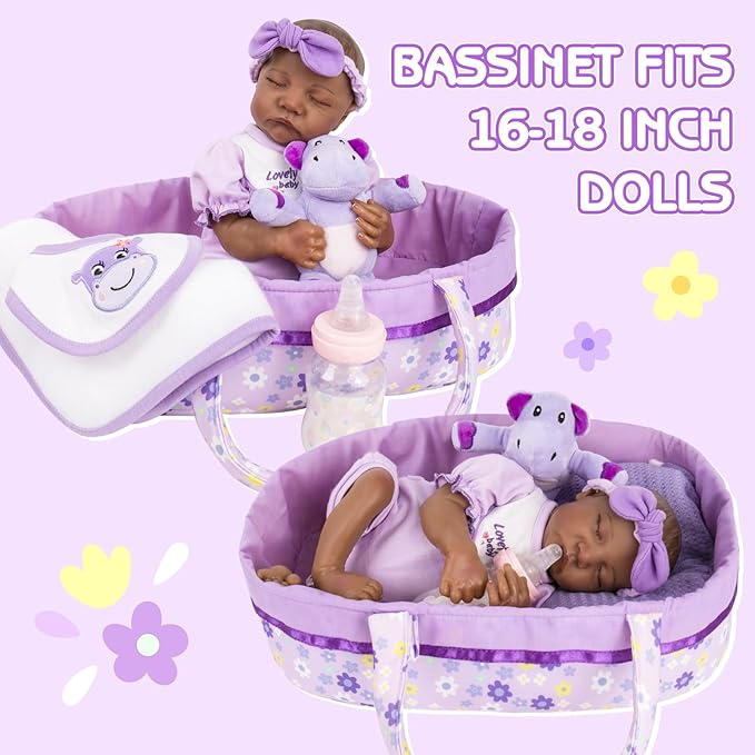 Aori 8 Pcs Reborn Baby Dolls Clothes with Bassinet for 16-18 Inch Reborn Doll, Purple Carrier Bed and Baby Doll Clothes Accessories fit Newborn Girl
