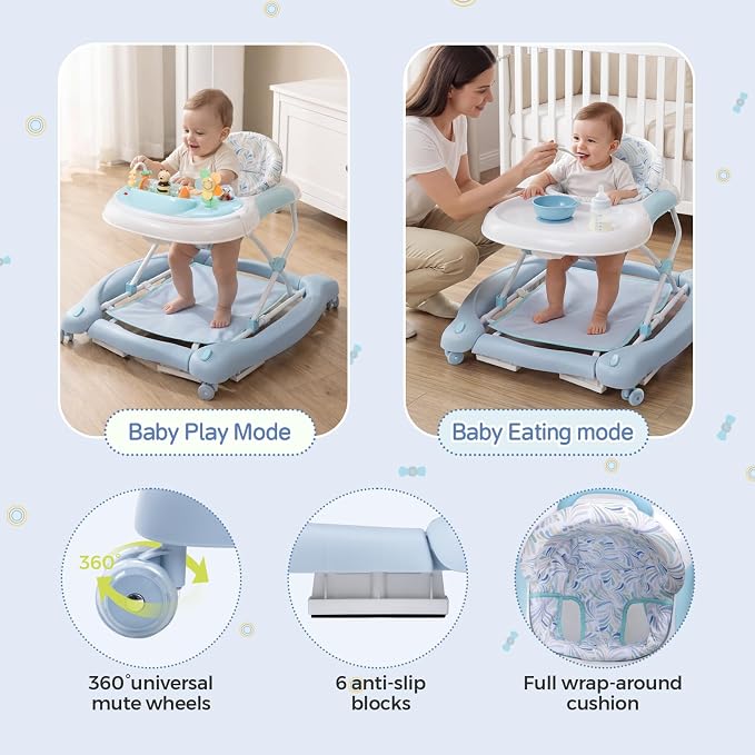 5 in 1 Baby Walker, Music and Lights Foldable Baby Walker with Wheels, 3 Adjustable Heights, with Bouncer Combo, Rocker, Activity Walker for Baby Boy and Girl 6-18 Months (Blue)