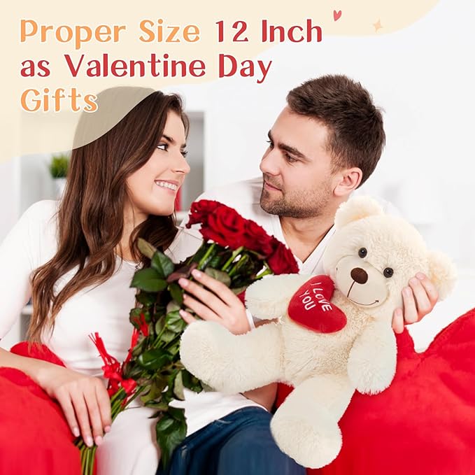 12" Teddy Bear with Heart, Cute Cream Teddy Bear Stuffed Animals for Valentines Soft Bear Plushie Toy Stuffed Bear Plush Gifts for Girlfriend Kid, Christmas