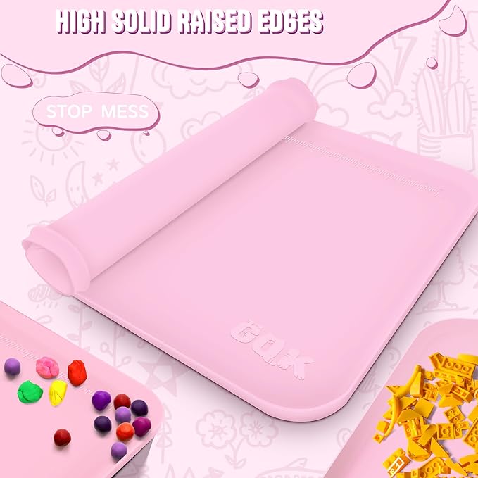 Silicone Art Mat for Crafts, 24" x 16" Painting Mat for Kids with Raised Sides to Stay Tidy, Paint Craft Mats for Clay, Resin, Slime, Jewelry-Making & Crafts Creation (Pink)