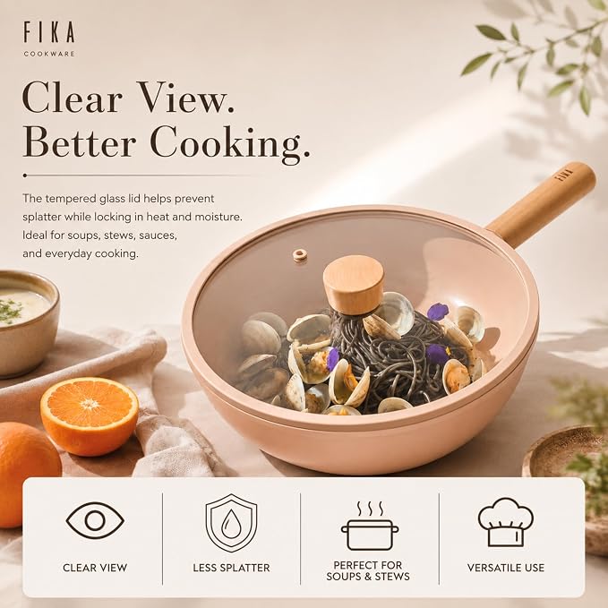 Neoflam FIKA 10-Inch Nonstick Stir Frying Wok with Glass Lid, Healthy Cooking Ceramic Coated Pan with Wood Handle, Induction Compatible for All Stovetops, Made in Korea (26cm)