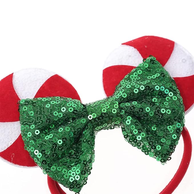 JIAHANG Christmas Mouse Ear Nylon Headband with Sequin Bow and Lollipop Pattern, Red Soft Elastic Hair Bow Hair Band, Party Headwear for Baby Girls